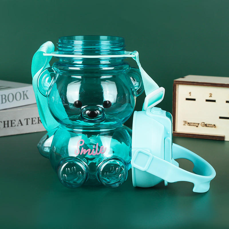 Cute Teddy Bear Kids Water Bottle 1L – Push Button Sipper with Straw & Adjustable Strap - Image 1
