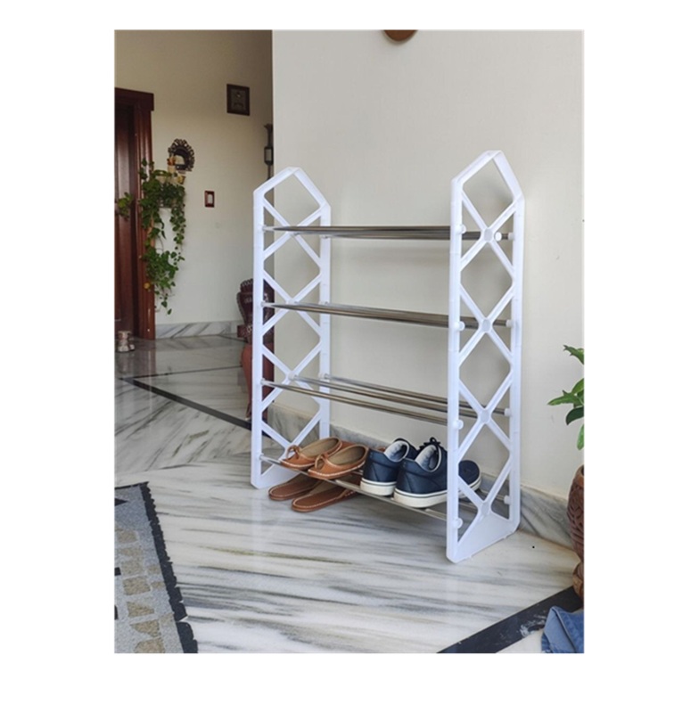 Plastic Pipe Foldable 4-Shelf Shoe Rack – Black | Portable Home Shoe Organiser - Image 1