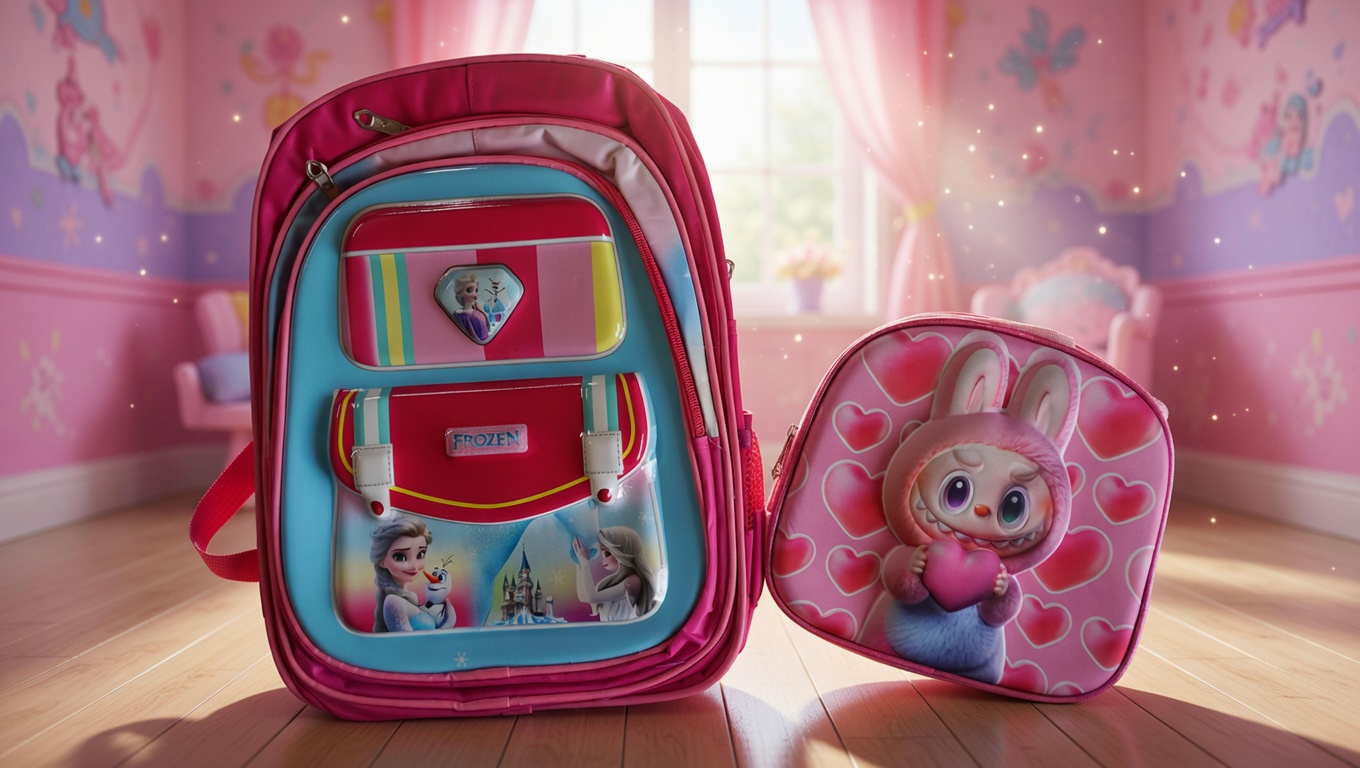 Cute Pink Frozen Cartoon Print Kids Backpack with lunch bag – Lightweight School Bag for Girls - Image 1