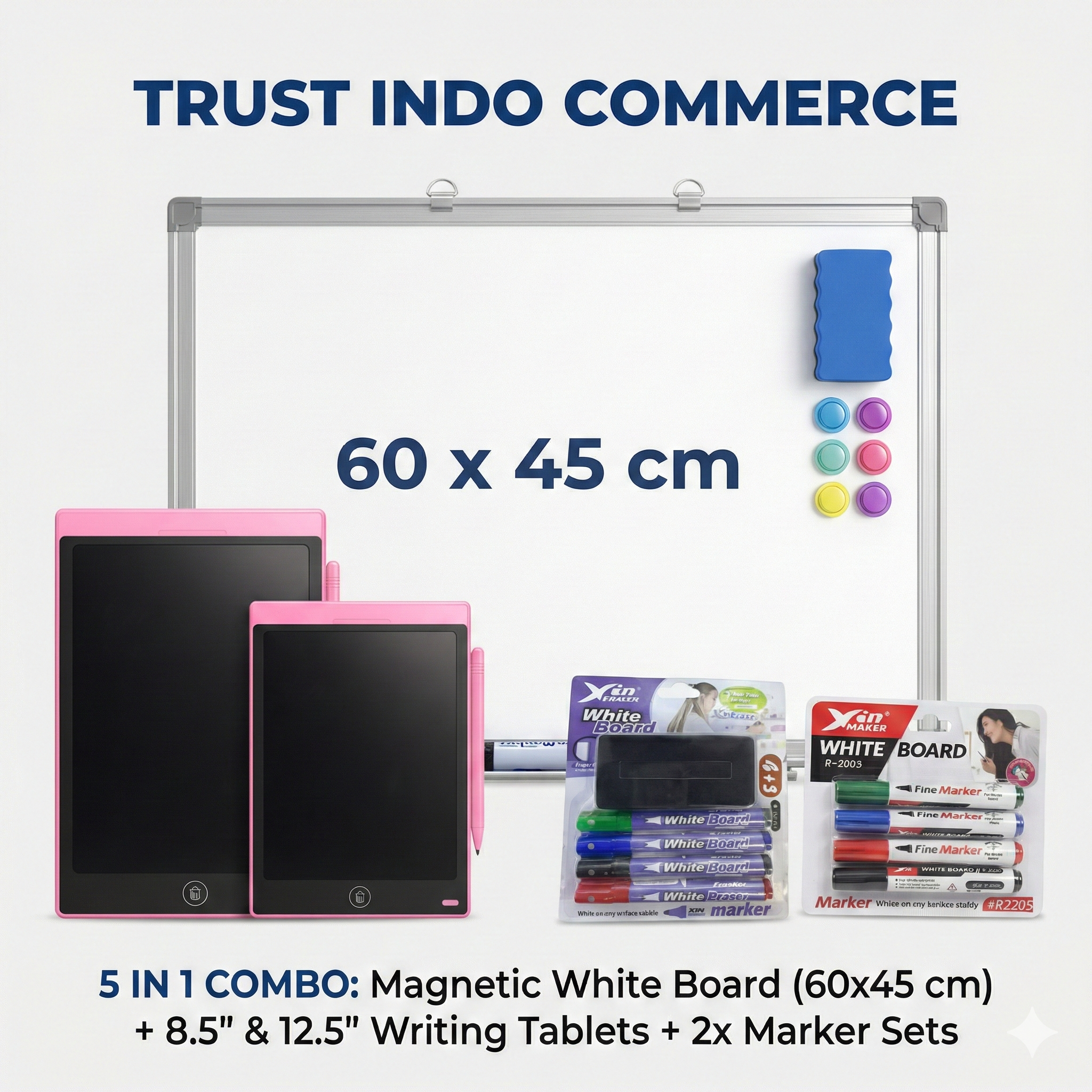 Magnetic Whiteboard 45x60cm (1.5x2 ft) – 5-in-1 Combo with LCD Tablets & Markers - Image 1