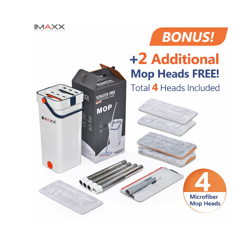 IMAXX PowerWipe 4-Head Flat Mop with Bucket – 360° Flexible Head - Image 1